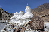 White stupas and mani stone, Diskit, Ladakh, India