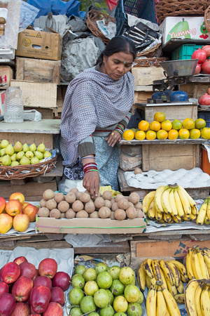 Woman selling fruit, Delhi, India