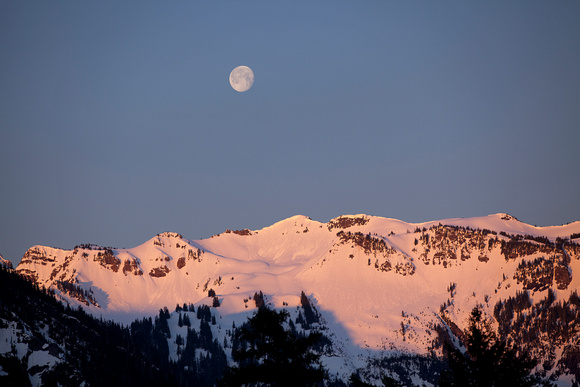 Moon over Goat Rocks Wilderness at sunrise, Gifford Pinchot National Forest, Washington