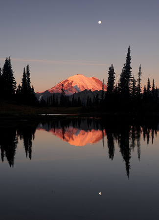 Mt. Rainier with full moon at sunrise, Chinook Pass, Washington