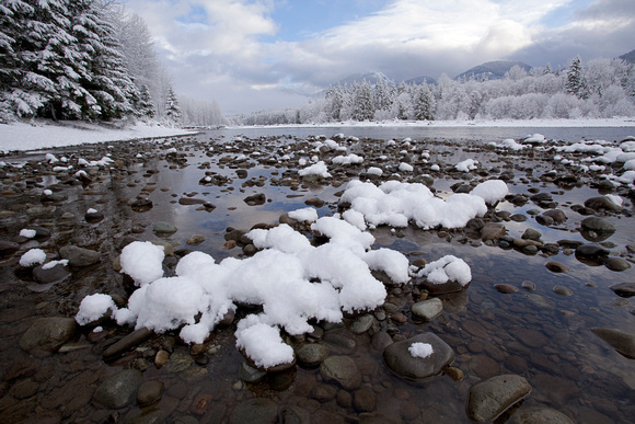 Cowlitz River with fresh snow, Packwood, Washington