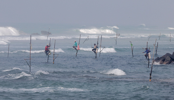 Stilt fishermen and surf, Welligama, Sri Lanka