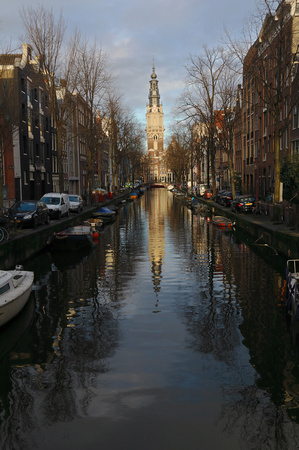 Zuiderkerk ("Southern Church") and reflection in canal, Amsterdam