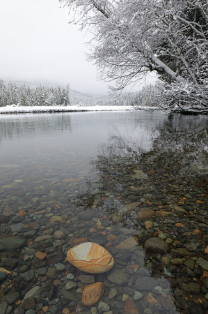 Winter scene with river rock, Clearfork Cowlitz River, Gifford Pinchot National Forest, Washington