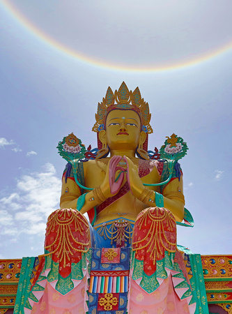 Buddha statue with sundog overhead, Nubra Valley, Ladakh, India