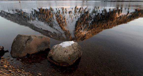Spiral Butte reflection with rocks, Dog Lake near White Pass, Washington